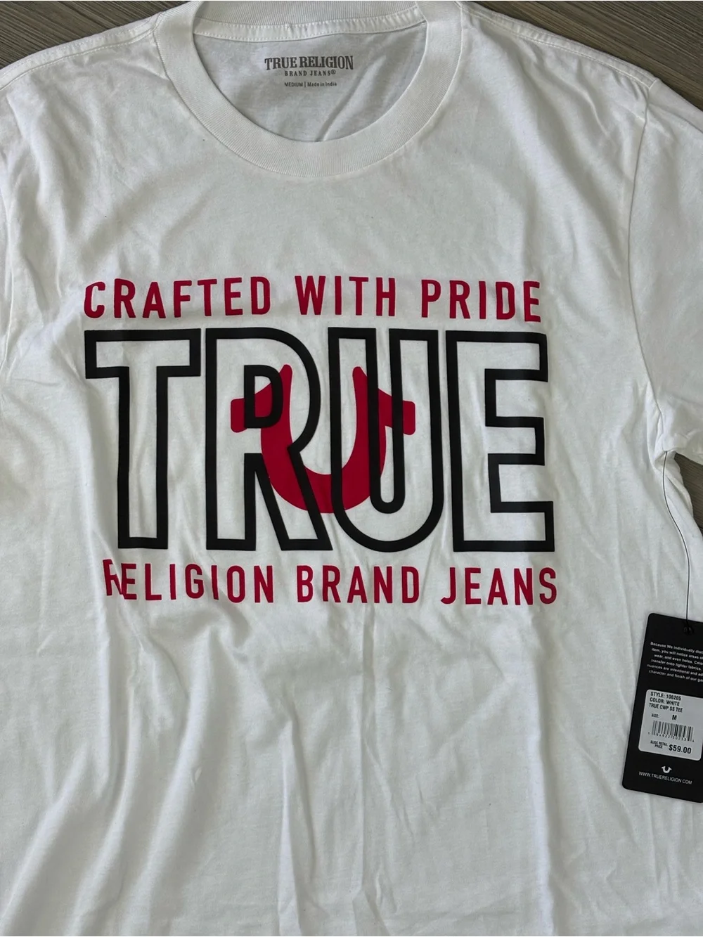 True Religion White Graphic 'TRUE' Logo Tee with Red Accent